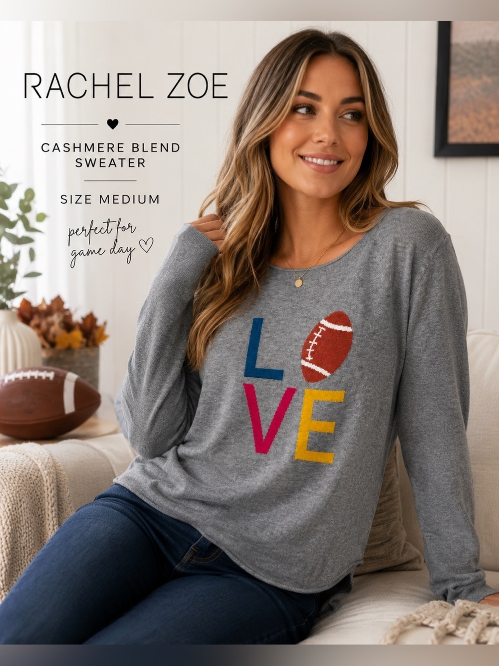 Rachel Zoe Women’s M Gray LOVE Football Cashmere Blend Sweater Fall Game Day